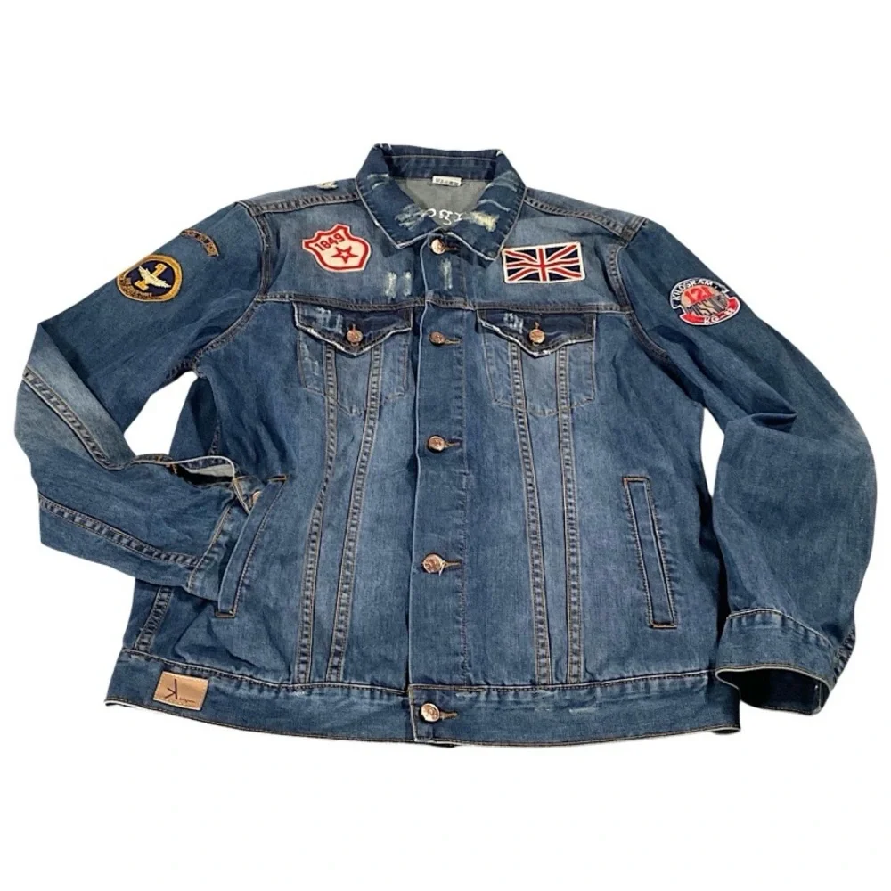 Kilogram Jacket Mens XL Trucker Distressed Denim Patch Biker Rocker Rapper Moto - Picture 2 of 16